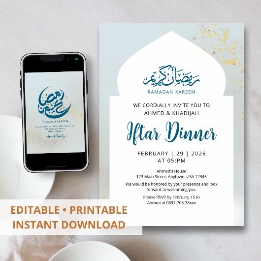 Blue Gold Sparkle Iftar Dinner Invitation Kaart
