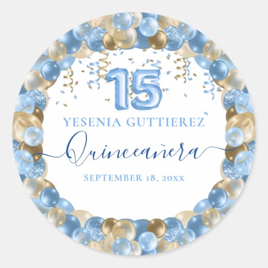 Blue Gold Sparkle Quinceañera-ballon Ronde Sticker (Voorkant)