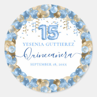 Blue Gold Sparkle Quinceañera-ballon Ronde Sticker