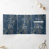 Blue Gold Splatter Modern Drivoudig Wedding Progra Drieluik Uitnodiging (Binnen)