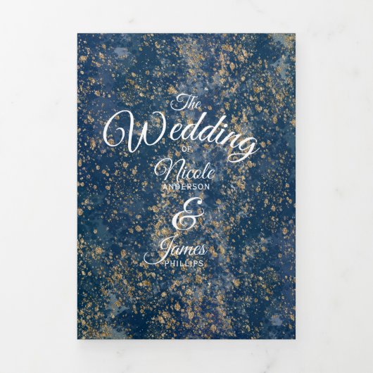 Blue Gold Splatter Modern Drivoudig Wedding Progra Drieluik Uitnodiging (Cover)