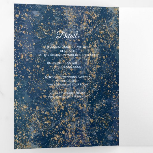Blue Gold Splatter Modern Drivoudig Wedding Progra Drieluik Uitnodiging (Binnenzijde eerst)