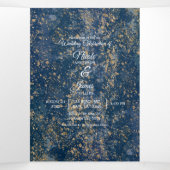 Blue Gold Splatter Modern Drivoudig Wedding Progra Drieluik Uitnodiging (Binnenkant midden)