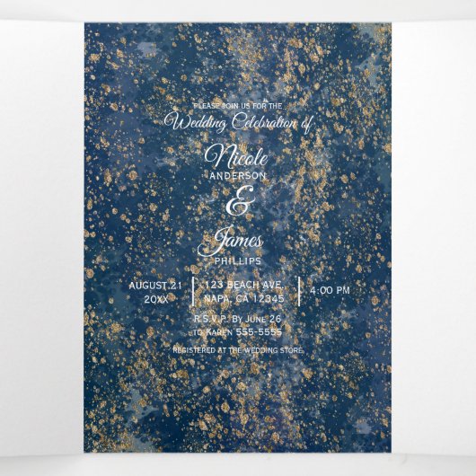 Blue Gold Splatter Modern Drivoudig Wedding Progra Drieluik Uitnodiging (Binnenkant midden)