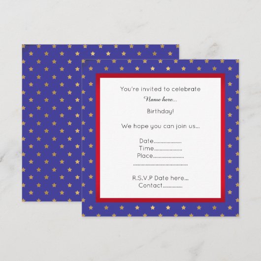 Blue & Gold Star Birthday Uitnodiging (Voorkant / Achterkant)