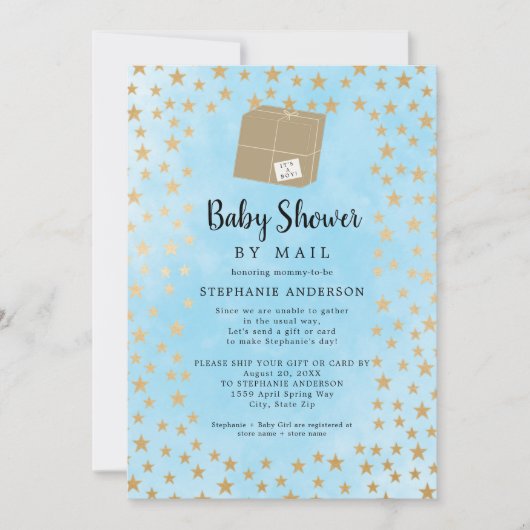 Blue Gold Star Boy Baby shower per post Kaart (Voorkant)