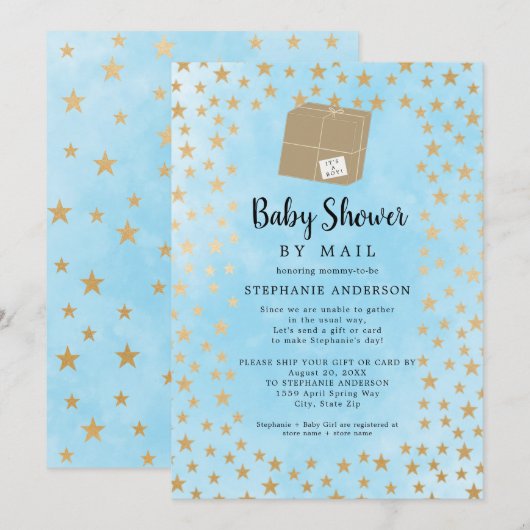 Blue Gold Star Boy Baby shower per post Kaart (Voorkant / Achterkant)