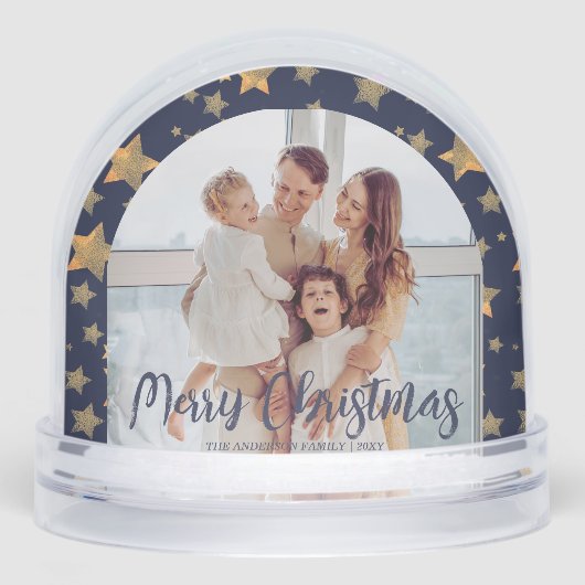 Blue Gold Star Familiefoto Vrolijk Kerstfeest Sneeuwbol (Voorkant)