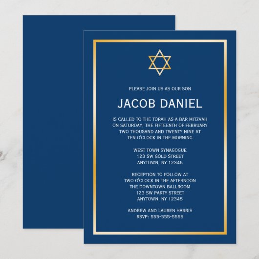 Blue Gold Star van David Bar Mitzvah uitnodigingen (Voorkant / Achterkant)