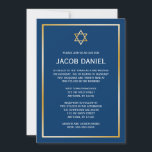 Blue Gold Star van David Bar Mitzvah uitnodigingen<br><div class="desc">Een klassieke Bar Mitzvah-uitnodiging met een Star van David-design in goud en donkerblauw. Modern en formeel. Design zijn platte afgedrukte illustraties/afbeeldingen - NIET EIGENLIJK GOLD FOIL.</div>