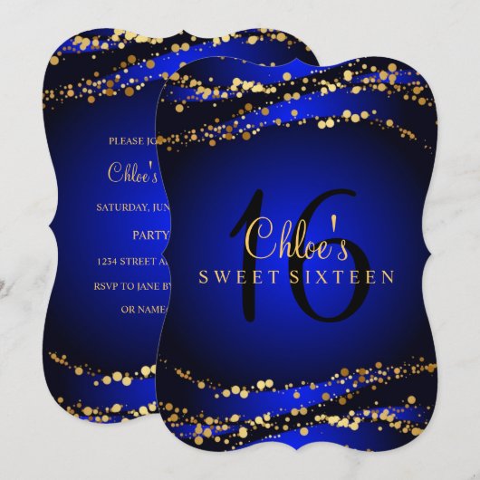 Blue & Gold Stardust Sweet 16 Uitnodiging (Voorkant / Achterkant)