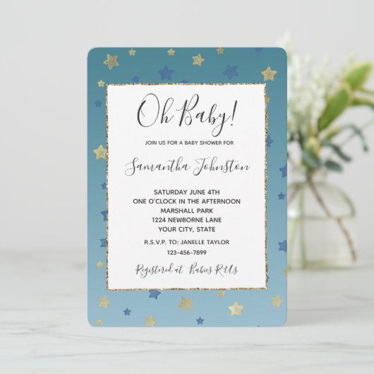 Blue Gold Stars Aqua Baby shower Kaart (Staand voorkant)