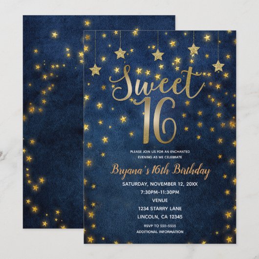 Blue & Gold Stars Celestial Sky Sweet 16 Party Kaart (Voorkant / Achterkant)