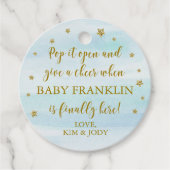 Blue & Gold Stars Pop Het Open Baby shower Bedankjes Labels (Voorkant)