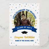 Blue Gold Stars vieren de afstudeerfoto Folie Uitnodiging (Voorkant)