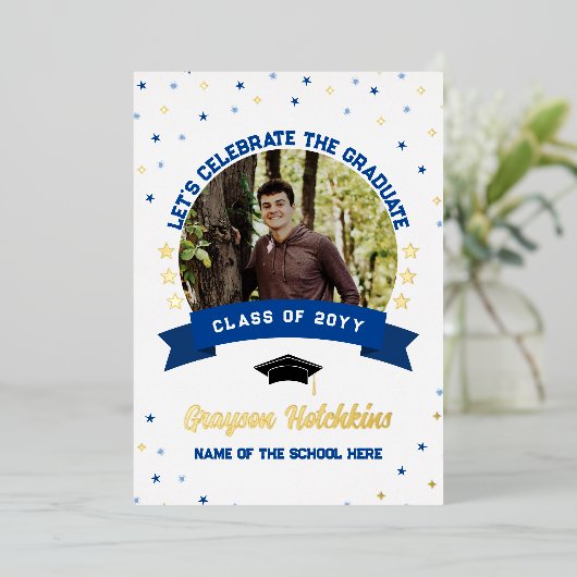 Blue Gold Stars vieren de afstudeerfoto Folie Uitnodiging (Staand Voorkant)