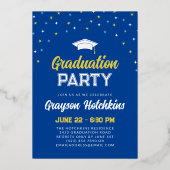 Blue Gold Stars vieren de afstudeerfoto Folie Uitnodiging (Achterkant)