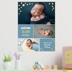 Blue Gold Stars Welkom Baby Foto Collage Folie Afdrukken