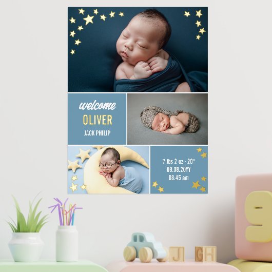 Blue Gold Stars Welkom Baby Foto Collage Folie Afdrukken (Insitu (Kinderkamer 2))