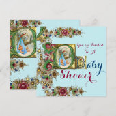 BLUE GOLD STORK BOY BABY SHOWER FLORAL MONOGRAM KAART (Voorkant / Achterkant)