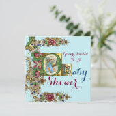 BLUE GOLD STORK BOY BABY SHOWER FLORAL MONOGRAM KAART (Staand voorkant)