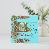 BLUE GOLD STORK BOY BABY SHOWER FLORAL MONOGRAM KAART (Staand voorkant)