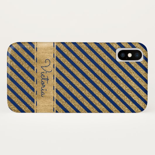 Blue, Gold Striped Hoesje-Mate iPhone X Hoesje (Achterkant (horizontaal))