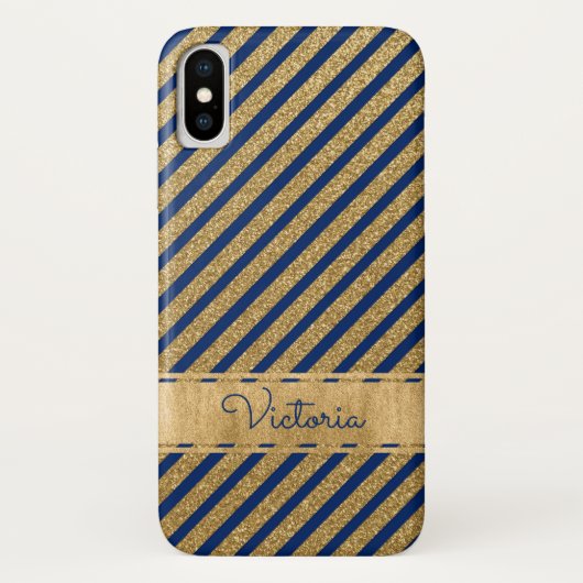 Blue, Gold Striped Hoesje-Mate iPhone X Hoesje (Achterkant)