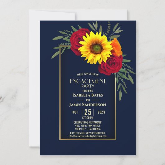 Blue Gold Sunflower Red Rose Engagement Party Kaart (Voorkant)