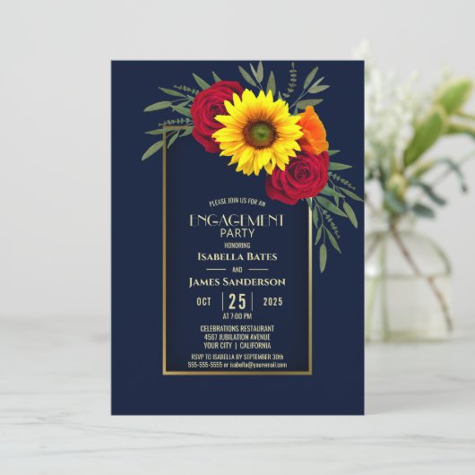 Blue Gold Sunflower Red Rose Engagement Party Kaart (Staand voorkant)
