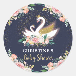 Blue Gold Swan Prinses Pink Floral Baby shower Ronde Sticker