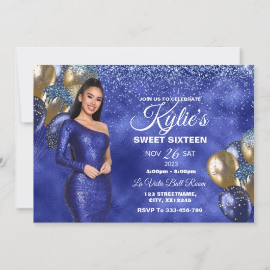 Blue & Gold Sweet 16 Girl Birthday Invitation Kaart (Voorkant)