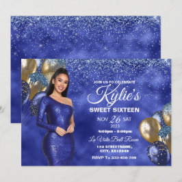 Blue & Gold Sweet 16 Girl Birthday Invitation Kaart