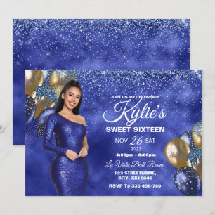 Blue & Gold Sweet 16 Girl Birthday Invitation Kaart