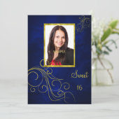 Blue Gold Swirl Photo Sweet 16 Kaart (Staand voorkant)