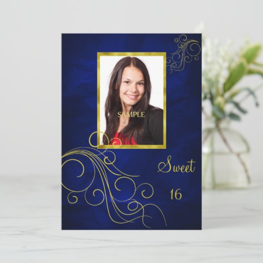 Blue Gold Swirl Photo Sweet 16 Kaart (Staand voorkant)