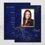 Blue Gold Swirl Photo Sweet 16 Kaart (Voorkant / Achterkant)