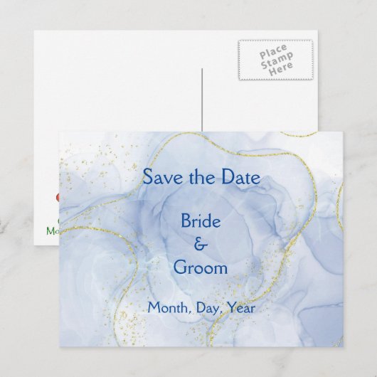 Blue Gold Swirl Save the Date Wedding Invites Aankondigingskaart (Voorkant / Achterkant)