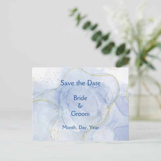 Blue Gold Swirl Save the Date Wedding Invites Aankondigingskaart (Staand voorkant)