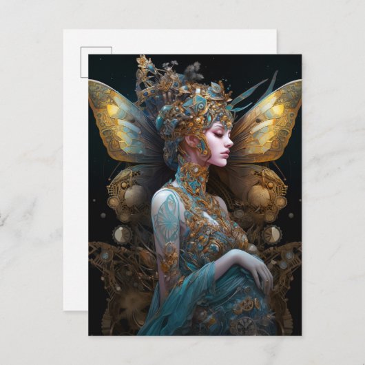 Blue Gold Techno Butterfly Voman Fantasy Art Briefkaart (Voorkant / Achterkant)