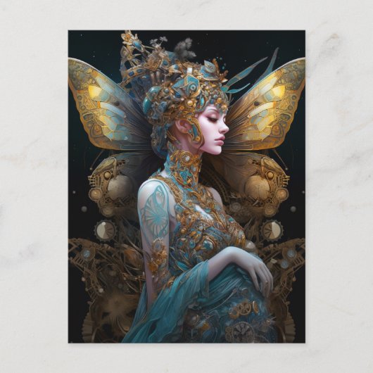 Blue Gold Techno Butterfly Voman Fantasy Art Briefkaart (Voorkant)