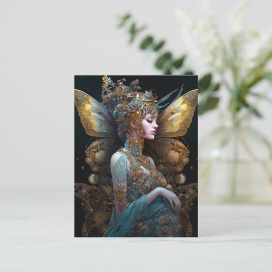 Blue Gold Techno Butterfly Voman Fantasy Art Briefkaart (Staand voorkant)