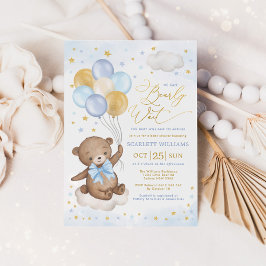 Blue Gold Teddy Bear Balloons Boy Baby shower Invi Kaart