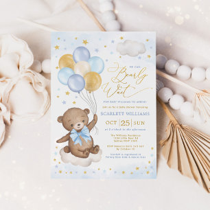 Blue Gold Teddy Bear Balloons Boy Baby shower Invi Kaart