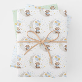 Blue Gold Teddy Bear Balloons Moon Stars Partij Inpakpapier Vel