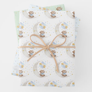 Blue Gold Teddy Bear Balloons Moon Stars Partij Inpakpapier Vel