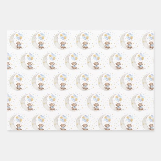 Blue Gold Teddy Bear Balloons Moon Stars Partij Inpakpapier Vel (Voorkant)