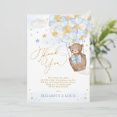 Blue Gold Teddy Bear Hot Air Ballon Baby Boy Bedankkaart (Staand voorkant)