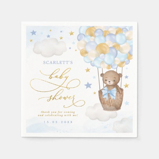 Blue Gold Teddy Bear Hot Air Ballon Baby Boy Servet (Voorkant)