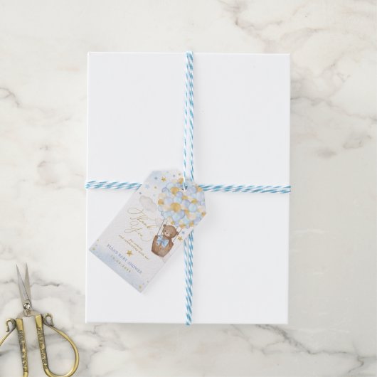 Blue Gold Teddy Bear Hot Air Ballon Clouds Stars Cadeaulabel (Met Touw)